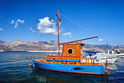 Wooden sailboat in the port of Lixouri on the island of Kefalonia in Greece