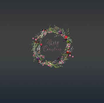 Merry Christmas greeting card with floral realistic wreath and text Merry Christmas on black background. 3D illustration