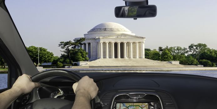 Driving a car towards the iconic Jefferson Memorial in Washington DC, USA