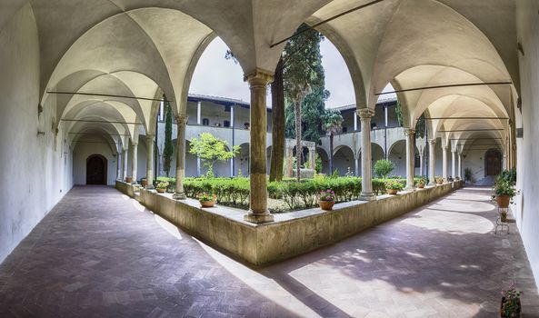 Panoramic view of the Cloister of Sant'Agostino Church in the medieval town of San Gimignano, Tuscany, Italy