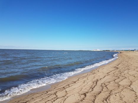 lines of seaweed on the beach with sand and water and ferry in Delaware