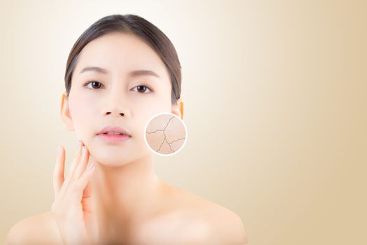 skincare and health and cosmetics concept - beautiful asian young woman face with wrinkles over circles for advertising.