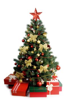 Christmas tree and gifts isolated on white background