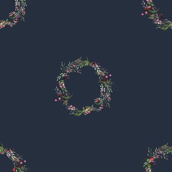 Christmas seamless pattern, Christmas elegant wreath on blue background. 3D illustration. Season greeting. Winter Xmas holidays
