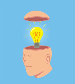 Man with Bright light bulb in his open head, idea concept cartoon isolated on blue background vector illustration
