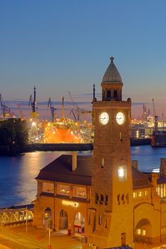 View of the Landungsbruecken in Hamburg after sunset