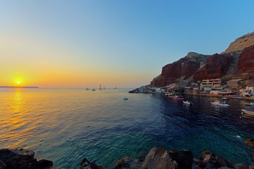 The village of Ammoudi on Santorin seen at sunset