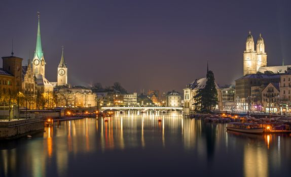 A panorama of Zurich on a winter night