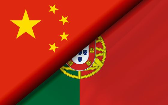 Flags of the China and Portugal divided diagonally. 3D rendering