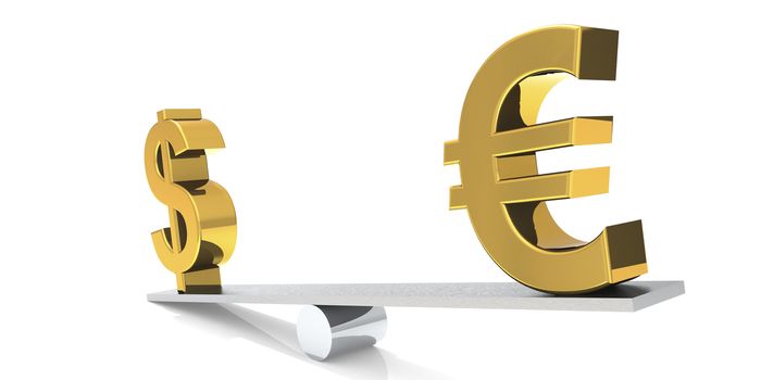 Dollar and euro sign on the balance bar, 3D rendering