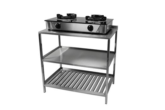 Blurred Gas stove on table of stainless on isolated white background.