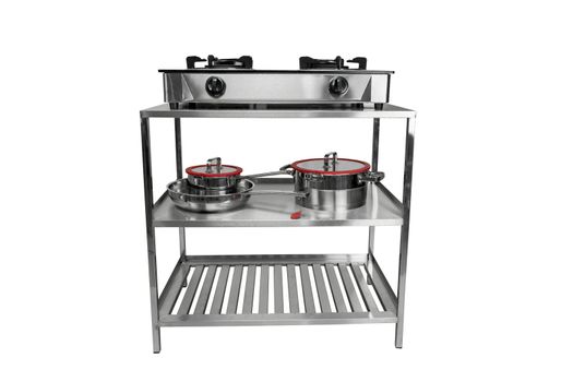 Blurred Gas stove on table of stainless on isolated white background.