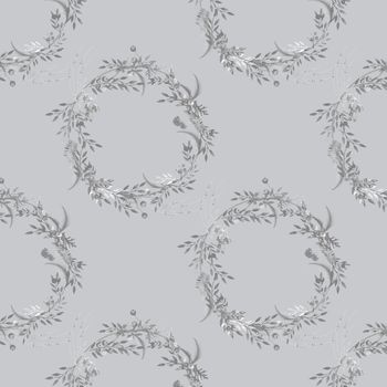 Seamless Christmas Silver Pattern in 3D illustration of silver Christmas Wreath on grey background. Luxury wrapping paper concept