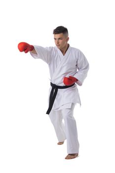 Man fighter training taekwondo isolated on white background