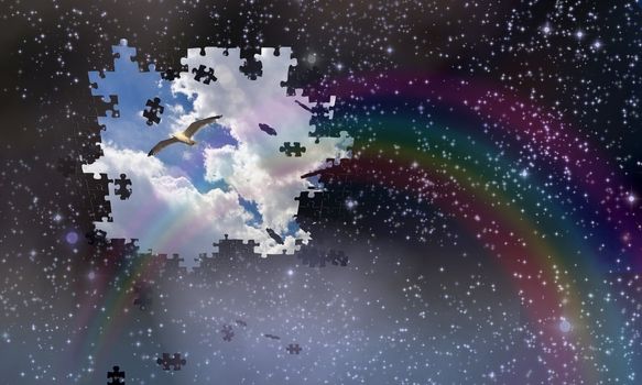 Puzzle pieces fall from night sky revealing day with rainbow. 3D rendering