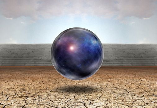 Surreal digital art. Universe in bubble in arid land. 3D rendering