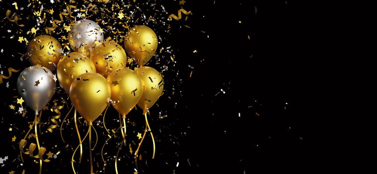 Gold and silver balloon with foil confetti falling on black background 3d render