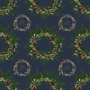 Christmas seamless pattern. Bright Christmas wreath on black background with gold text for Christmas holiday season design