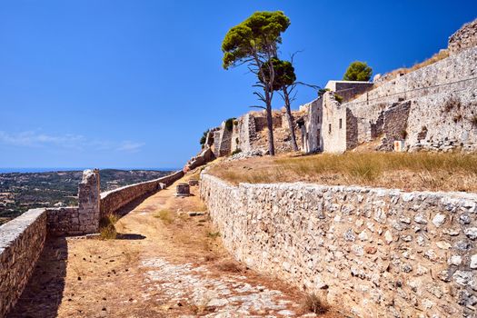 Stone walls of the medieval Venetian castle of St George's on the island of Kefalonia in Greece