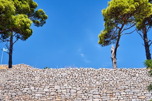 Stone wall of the medieval Venetian castle of St George's on the island of Kefalonia in Greece