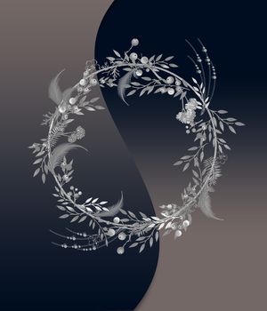 Christmas Wreath design, Botanical 3D Illustration Isolated on blak blue background. Vintage Wedding Decor, design, pattern, card, invitation