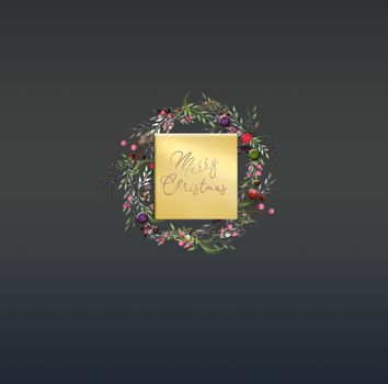 Floral Christmas 2021 New year card in 3D illustration. Elegant modern festive card with floral wreath, text Merry Christmas on black background