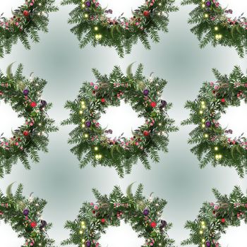 Merry christmas happy new year luxury seamless pattern of realistic floral Christmas wreath on pastel background. 3D illustration