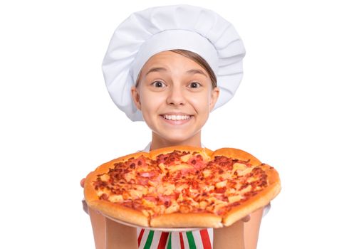 Girl cook in apron holds plate with fresh pizza, isolated on white background.