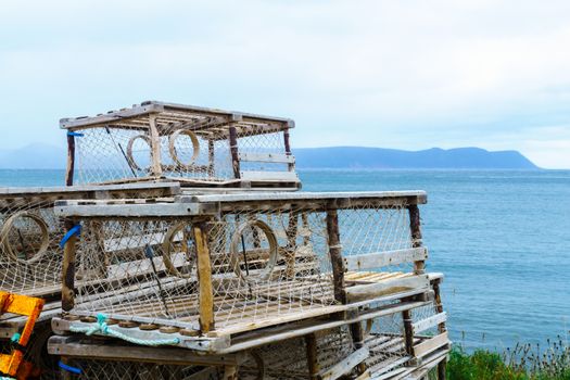 Lobster traps in White Point, Cape Breton island, Nova Scotia, Canada