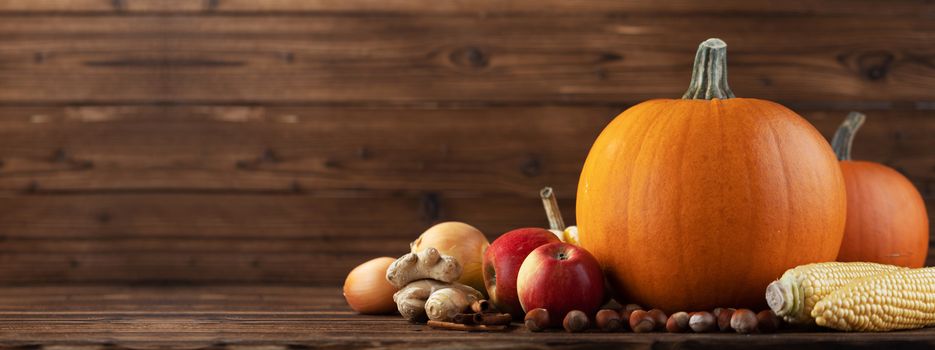 Autumn harvest still life with pumpkins, apples, hazelnut, corn, ginger, onion and cinnamon on wooden table background