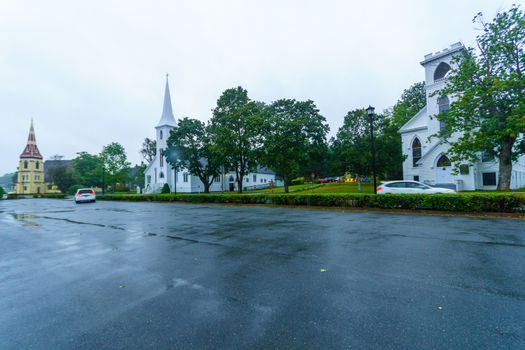 View of the 3 churches (United Church, St. John Lutheran Church, and Anglican Church) in Mahone Bay, Nova Scotia, Canada