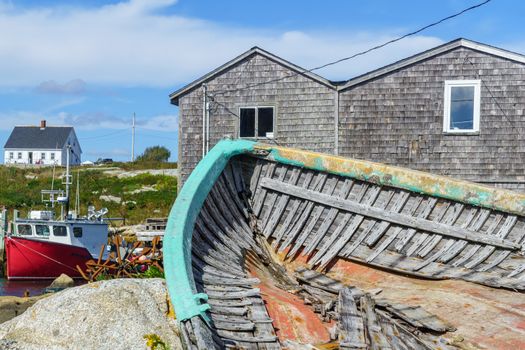 View of boats and houses, in the fishing village Peggys Cove, Nova Scotia, Canada