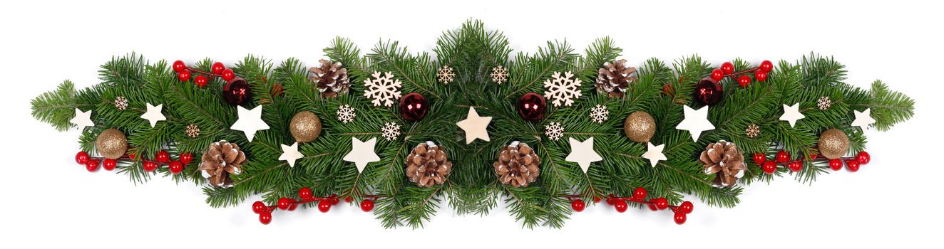 Christmas Border frame design element of tree branches and decor isolated on white background, red and wooden decor, berries, stars, cones