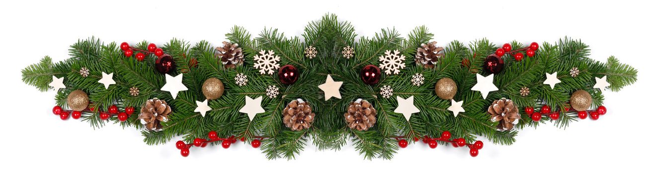 Christmas Border frame design element of tree branches and decor isolated on white background, red and wooden decor, berries, stars, cones