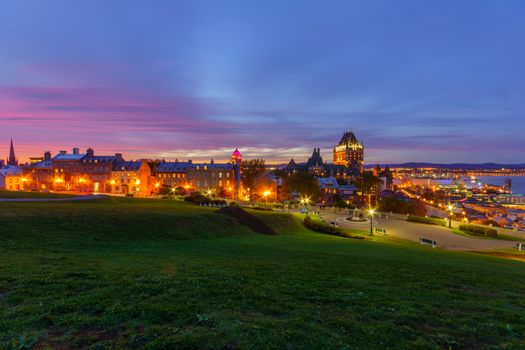 Sunset view of the old town and the Saint Lawrence River from the citadel, Quebec City, Quebec, Canada