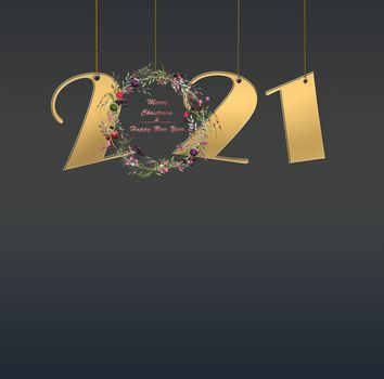 Creative digit 2021 with floral wreath on black background. Happy 2021 new year for seasonal holidays flyers, greetings and invitations, christmas themed congratulations in 3D illustration