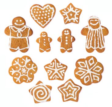 Gingerbread set, real baked cookies studio isolated on white background design collection