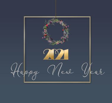 Merry Christmas and Happy new year 2021 design with gold 2021 number, Christmas floral wreath and text Happy New Year. Festive Numbers Design in 3D illustration