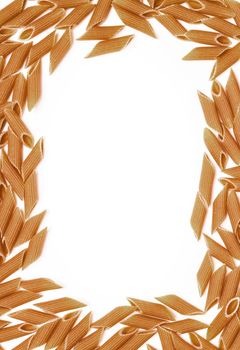 Wholemeal Pasta frame with italian Penne. Decorative frame of penne pasta on white background. Template for design. Mockup restaurant menu.