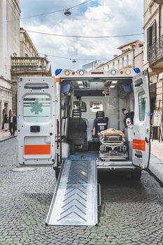 Ambulance van rescue victims of epidemic coronavirus interior covid-19 emergency. Ambulance and equipment views from inside. Bergamo, ITALY - March 25, 2020.