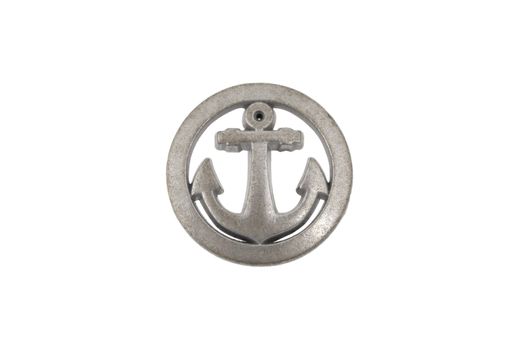 big old metal round button with an anchor isolated on white. Use for sew and tailor
