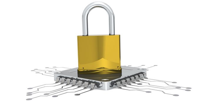 Padlock and computer microchip isolated, 3D rendering