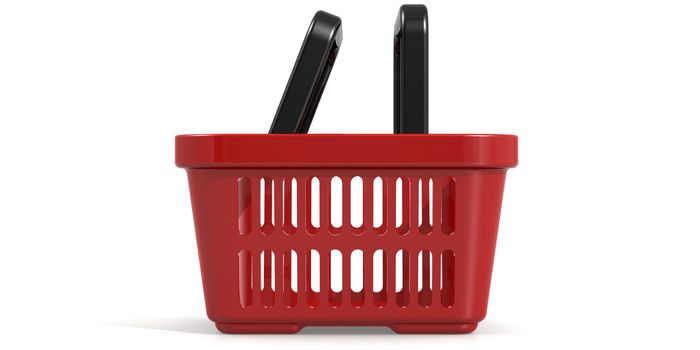 Red shopping basket isolated on white background, 3D rendering