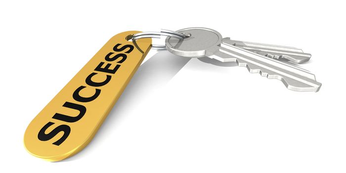 Success label attached to the keys, 3D rendering