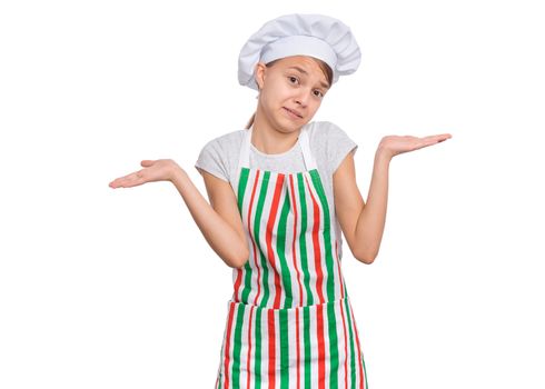 Teen girl in chef hat with emotions showing signs with hands, isolated on a white background.