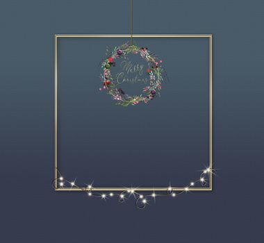 Merry Christmas greeting card with floral realistic wreath and text Merry Christmas on dark blue background. 3D illustration