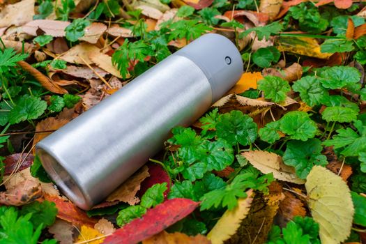 A deodorant thrown out on the lawn in an aluminum can lies on the grass with autumn leaves