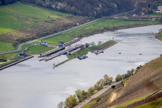 Moselle-dam and watergate on the river Mosel at Zeltingen-Rachtig