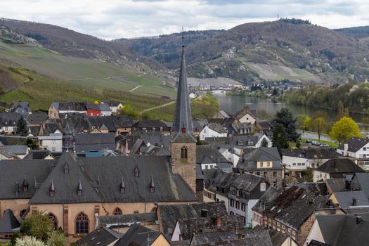 The wine-village Graach at the river mosel with the church in the middle
