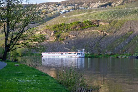 View at the city of Bernkastel-Kues at river Moselle with rive cruise ship and mountains with vineyards in the background